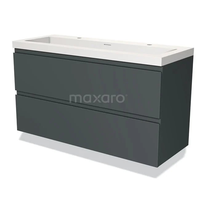 Dunkelgraue Badmöbelset mit zwei Schubladen und weißem Waschbecken, schlichtes Design, ideal für moderne Bäder.