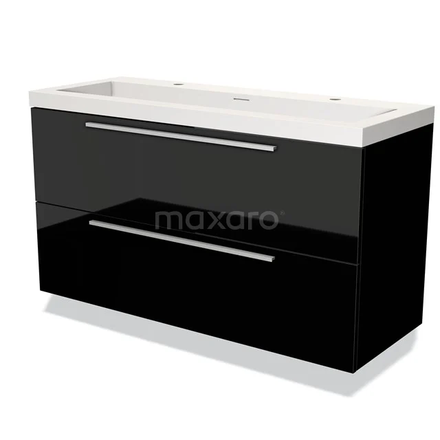 Zwarte badkamerkast met glanzende afwerking, twee lades, chromen handgrepen en wit wastafelblad in moderne stijl.