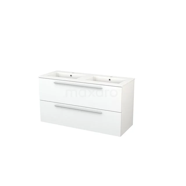 White double vanity unit with sleek drawers and chrome handles, ideal as a modern bathroom unit for extra storage space.