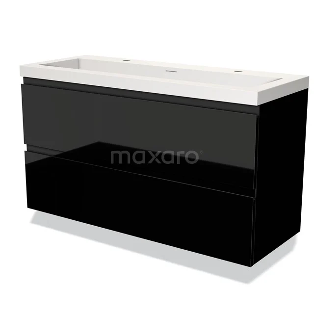 Zwarte badkamerkast met glanzende fronten, dubbele wastafel en twee ruime lades, modern ontwerp voor een stijlvolle badkamer.
