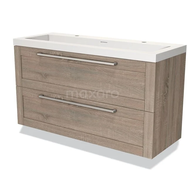 Houten badkamermeubel met dubbele wastafel, twee ruime lades en moderne metalen handgrepen, ideaal voor stijlvolle badkameropslag.