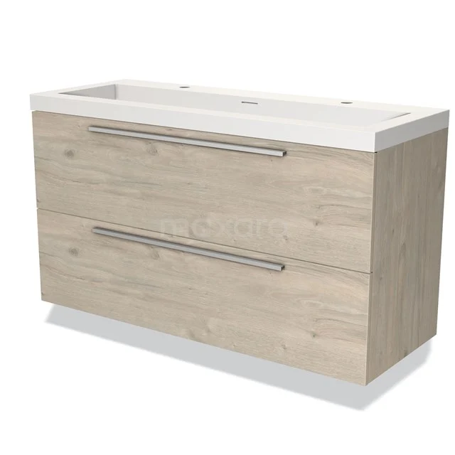 Wooden bathroom unit with two drawers and integrated vanity units with basin, light oak look, ideal for stylish bathroom storage.