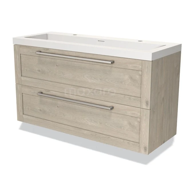 Houten badkamermeubel met twee lades, lichte houtkleur, strak design, kunststof wasbak en metalen handgrepen.