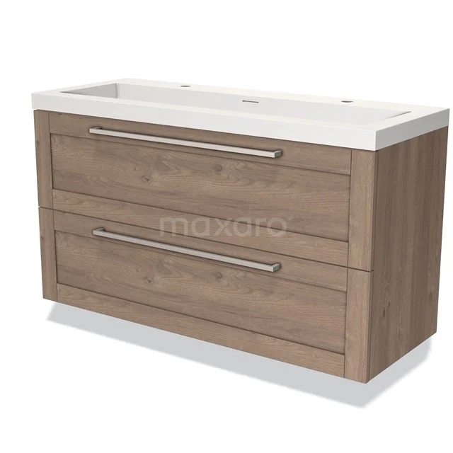 Wooden bathroom unit with double basin, sleek design and two spacious drawers with metal handles.