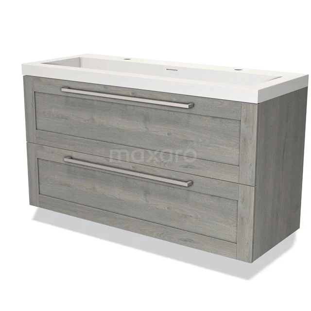 Grijze houten wastafelmeubel met dubbele lades en keramische wastafel, ideaal voor moderne badkamers.
