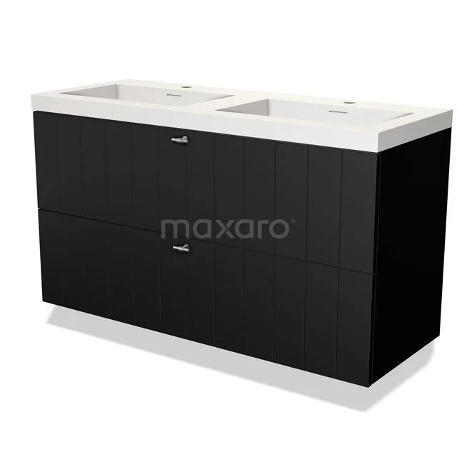 Black double basin vanity unit with white ceramic basin, modern design, ideal for stylish bathroom design.