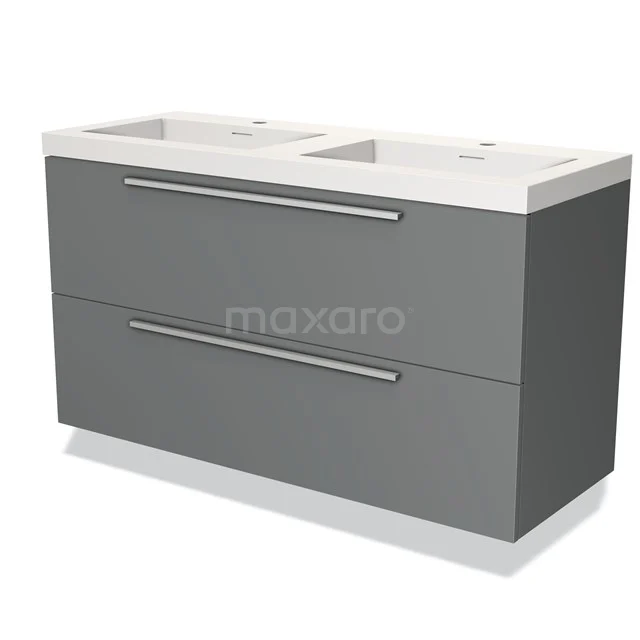 Grey double vanity unit with white ceramic sink, sleek design, ideal for modern bathroom design.