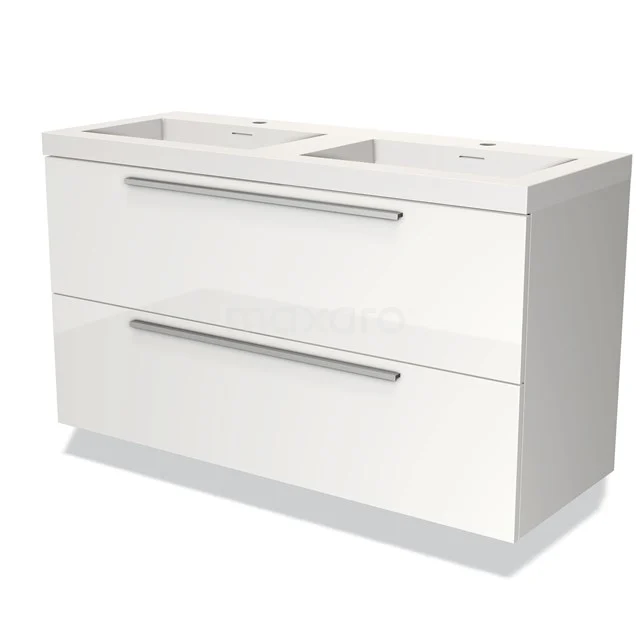 Modulo Bathroom furniture with sink | 120 cm High-gloss white Flat front Solid surface 2 Stacked drawers BMW17-03314 White bathroom unit with modern double basin, two spacious drawers and stylish metal handles. Perfect for a luxurious bathroom.