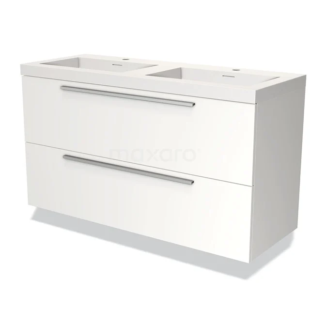 Weiße Badmöbel mit Doppelwaschbecken, modernes Design, zwei Schubladen und Metallgriffen, ideal für stilvollen Stauraum.