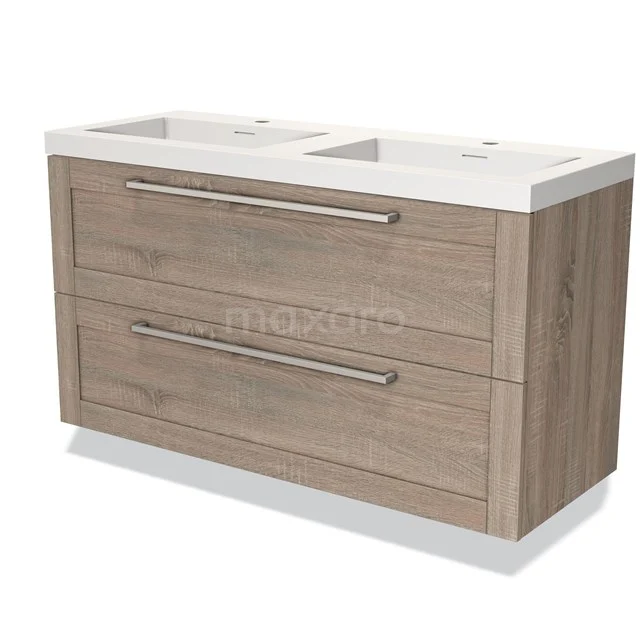 Bathroom unit wood-look with double basin, wide drawers and chrome handles, modern design.