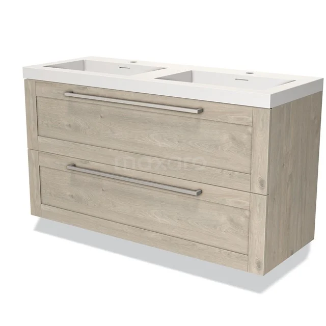 Badmöbel 120cm Modulo hellgraue Eiche 2 Schubladen Rahmen Waschbecken Solid Surface BMW17-03329 Holz Badezimmermöbel mit Doppelwaschbecken, zwei breite Schubladen, helle Eiche Optik, moderne Edelstahl Haltegriffe.