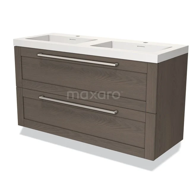 Dark wood bathroom unit with double white vanity units with basin, modern design with clean lines and two wide drawers.