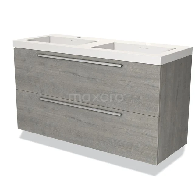 Double basin vanity unit in grey wood look, modern style, with two drawers and integrated basins, ideal for the bathroom.