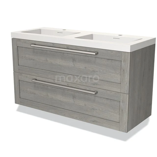 Double basin with grey wooden base and drawers, ideal for a modern bathroom, including chrome handles.