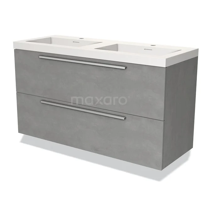 Graue Badmöbelset mit doppelter Waschtischplatte, modernem Design und zwei Schubladen mit Edelstahl Haltegriffen, ideal für jedes Badezimmer.