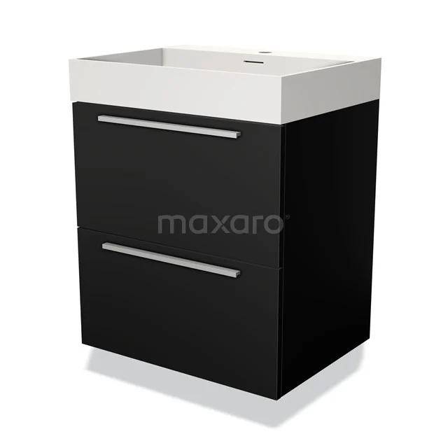 Zwart badkamermeubel met een witte wastafel, twee lades en strak design, ideaal voor een moderne badkamersetup.