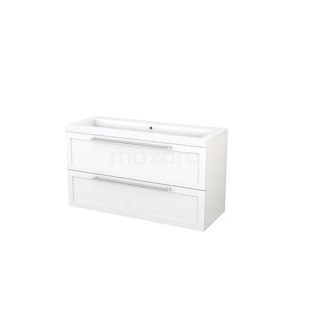 White double vanity unit with sleek design, two wide drawers and chrome handles, ideal solution for bathroom storage.