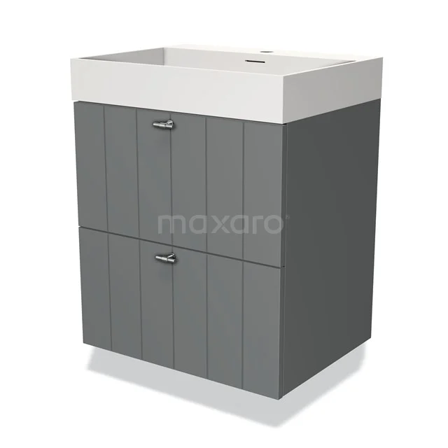 Grey vanity set with 2 drawers, vertical lines, and white basin, ideal for a modern bathroom.