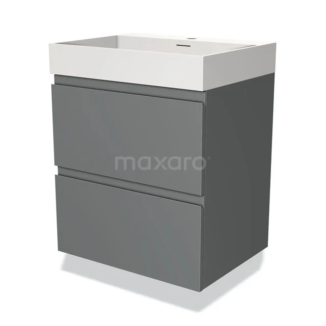 Graue Badmöbelset mit zwei Schubladen und einem weißen Waschbecken, modernes Design aus hochwertigem Material.