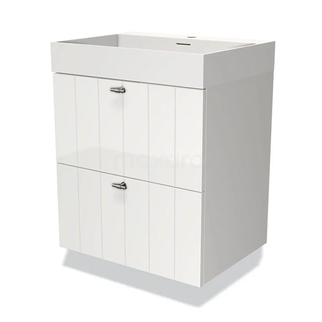 Wit badkamermeubel met twee softclose lades, houtnerf design en modern wastafelblad; ideaal voor stijlvolle badkamerindeling.