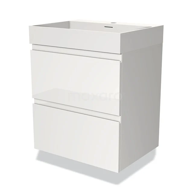 Weißes Badezimmermöbel mit zwei Schubladen, glänzende Oberfläche, geeignet für moderne Bäder, kompaktes Design.