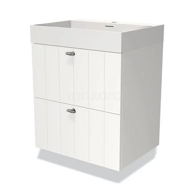 Wit badkamermeubel met twee ladekasten, moderne panelen en metalen handgrepen, geschikt voor een stijlvolle badkamerinrichting.