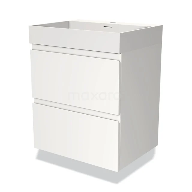 Badmöbel 60cm Modulo Matt Weiß 2 Schubladen Griffloses Waschbecken Solid Surface BMW17-03351 Weißes Badezimmermöbel mit zwei Schubladen, schlankem Design und glänzender Oberfläche, ideal für ein modernes Badezimmer.