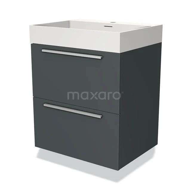 Donkergrijze badkamermeubel met twee lades, wit keramisch wastafelblad en strakke metalen handgrepen.