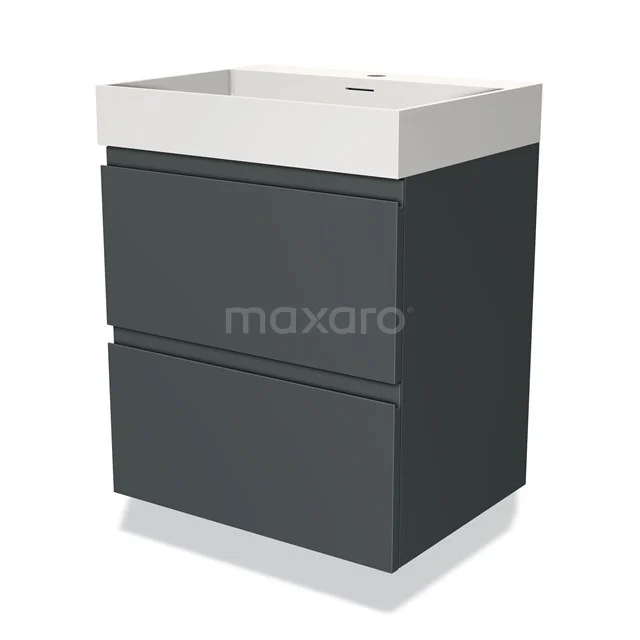 Moderne badkamermeubelset met antracietkleurige kast, twee lades en witte keramische wastafel, ideaal voor compacte badkamers.