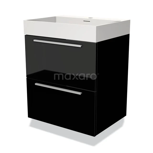 Zwarte badkamerkast met witte wastafel, glanzende afwerking, metalen handgrepen en twee lades voor stijlvolle opbergruimte.