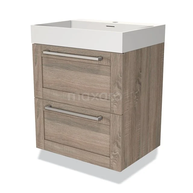 Compact houten badkamermeubel met een witte wastafel, twee lades en metalen handgrepen, ideaal voor een moderne badkamer.