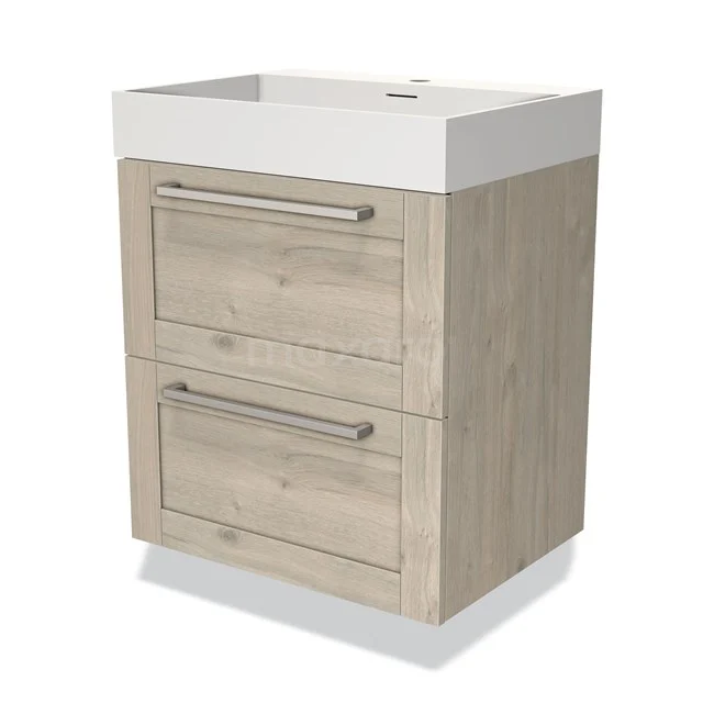 Wooden bathroom unit with a light oak look, two drawers, metal handles and white sink, compact and modern design.