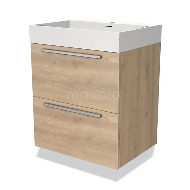 Badmöbel 60cm Modulo Hellbraune Eiche 2 Schubladen Flaches Waschbecken Solid Surface BMW17-03362 Holz Badezimmermöbel mit zwei Schubladen, weißem Waschbecken und modernen Metall Haltegriffen, perfekt für ein stilvolles Badezimmer.