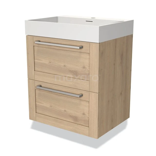 Houten badkamermeubel met twee lades, witte wastafel, naturel eiken look, moderne uitstraling, ideaal voor compacte badkamers.