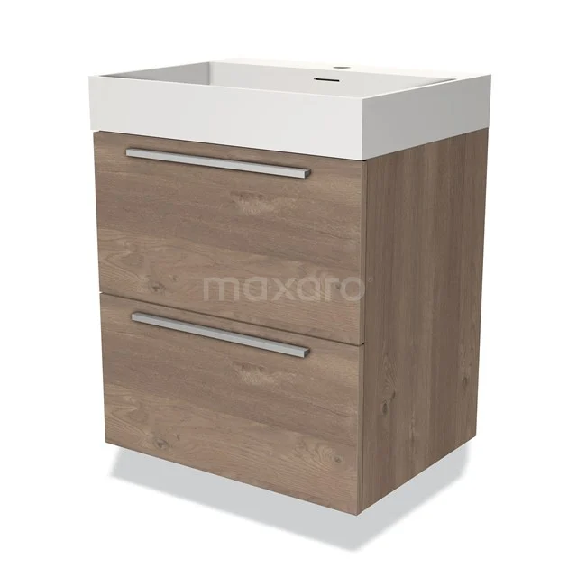 Houten badkamerkast met twee lades, wit wastafelblad en metalen handgrepen, ideaal voor moderne badkamerindelingen.