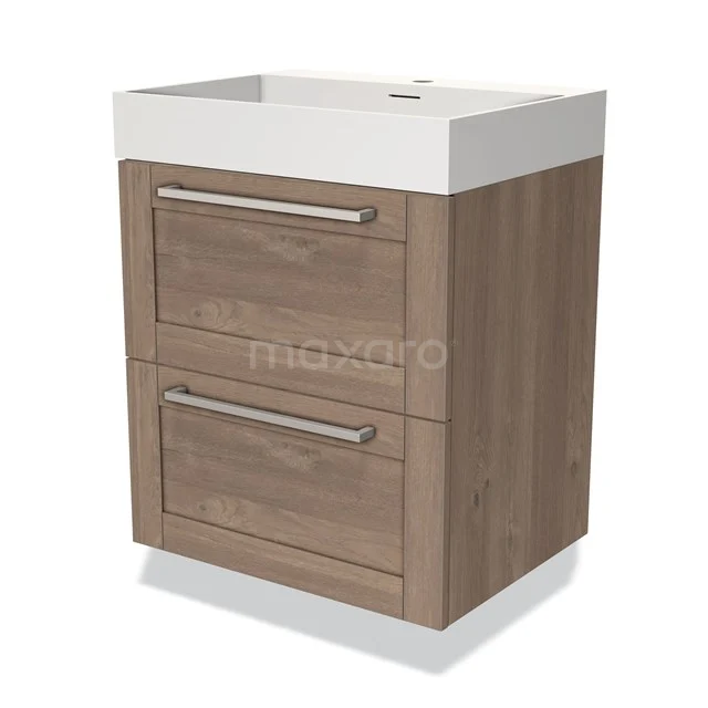 Holz-Waschbeckenunterschrank mit zwei Schubladen, weißem Keramikwaschbecken, ideal für moderne Badezimmerlagerung.