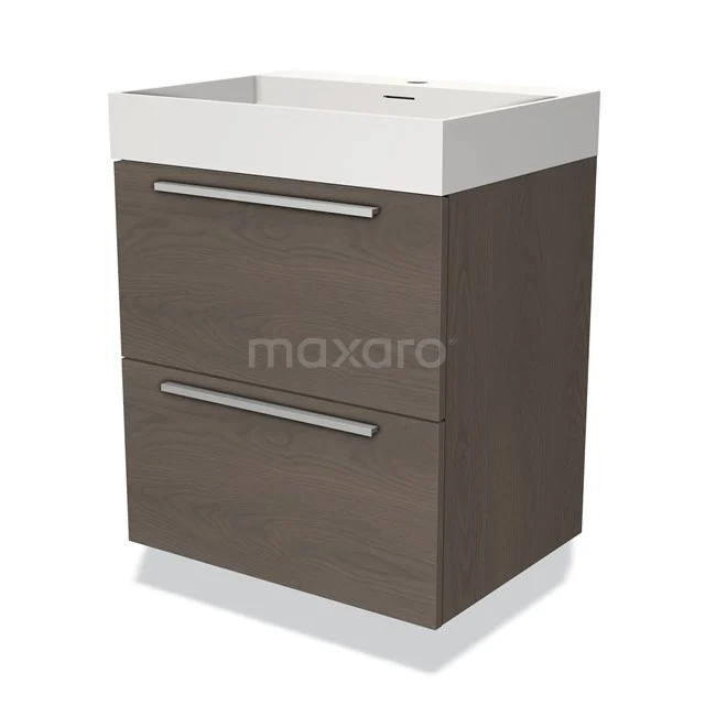 Wooden bathroom unit with drawers and white basin worktop, modern style with sleek metal handles.