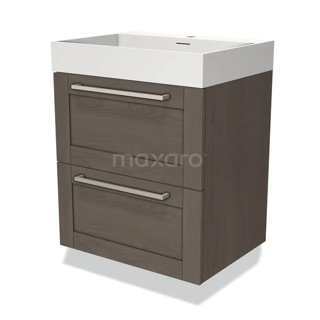 Wooden bathroom cabinet with two drawers, white basin worktop and modern handles, ideal for stylish bathroom storage.
