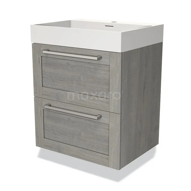 Grijs eikenhouten badkamermeubel met twee lades, witte wastafel van keramiek, modern ontwerp voor compacte badkamers.