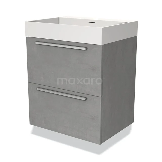 Grey bathroom furniture set with two drawers, modern concrete-look design and white ceramic basin, ideal for compact bathrooms.