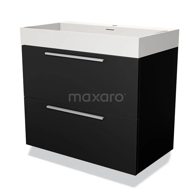 Zwarte badkamerkast met witte wastafel, twee metalen handgrepen, modern design en waterbestendig materiaal.