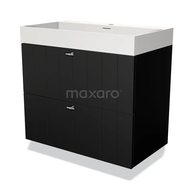 Black vanity unit with two drawers, white ceramic sink, modern design, ideal for stylish bathroom design.