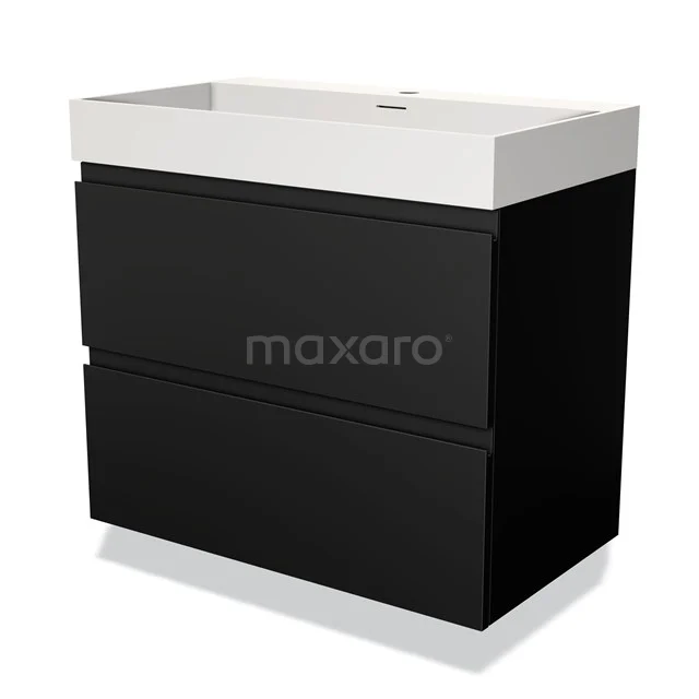 Zwarte badkamermeubelset met twee lades, wit keramische wasbak en modern design, ideaal voor stijlvolle badkamerinrichtingen.