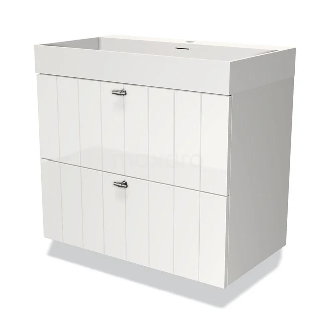 Modulo Bathroom furniture with sink | 80 cm High-gloss white Slat front Solid surface 2 Stacked drawers BMW17-03379 White glossy bathroom unit with wide vanity units with basin, two soft-close drawers and vertical groove details from the Milano series.