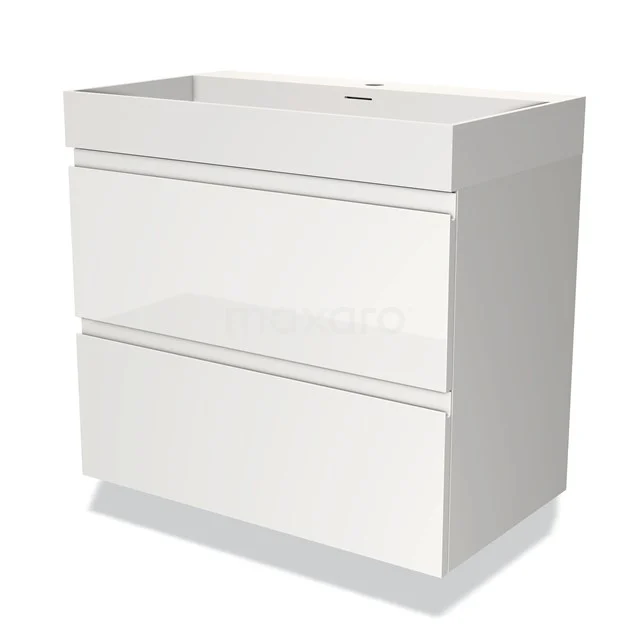 Wit wastafelmeubel met twee lades, modern design, hoogglans afwerking, ideaal voor het optimaliseren van badkameropslag.
