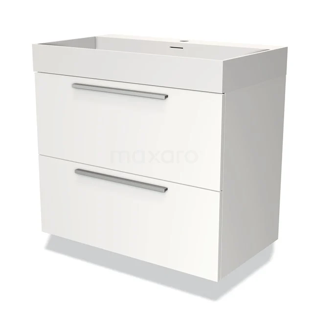 Witte badkamermeubelset met twee lades, strak design en chromen grepen, ideaal voor moderne badkamerinrichting.