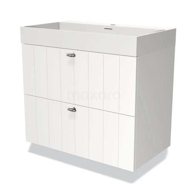 White Bathroom unit with two drawers, wooden ribbed pattern and integrated vanity units with basin; stylish and practical for any bathroom.