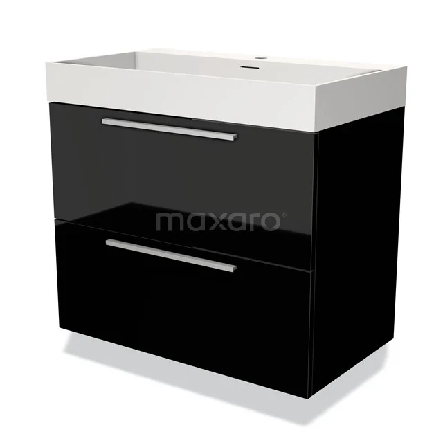 Black bathroom cabinet with glossy finish, two wide drawers and white ceramic Basin worktop, modern design.
