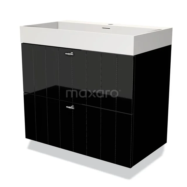 Modulo Bathroom furniture with sink | 80 cm High-gloss black Slat front Solid surface 2 Stacked drawers BMW17-03388 Black glossy vanity set with white ceramic basin, modern design and two wide drawers for bathroom storage.