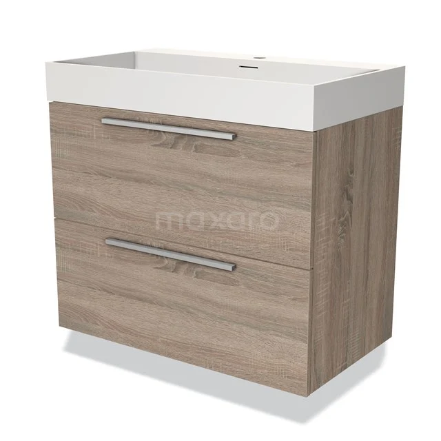 Houten badkamermeubel met twee lades, geïntegreerde witte wastafel, modern design, ideaal voor een stijlvolle badkamerinrichting.